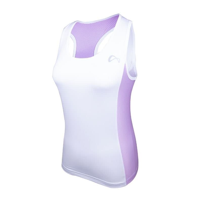 White and lilac racerback athletic tank shown with ghost-mannequin technique on white.