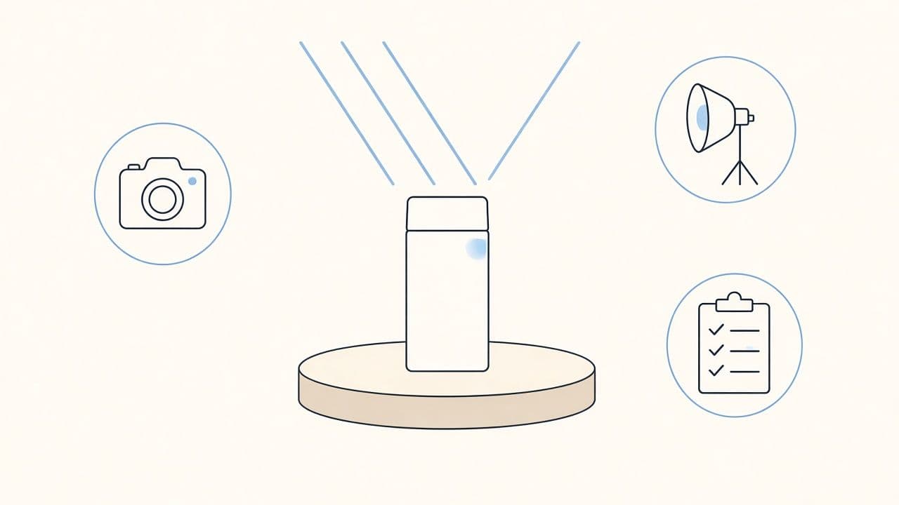Diagram of a product under studio lights with camera and checklist icons.